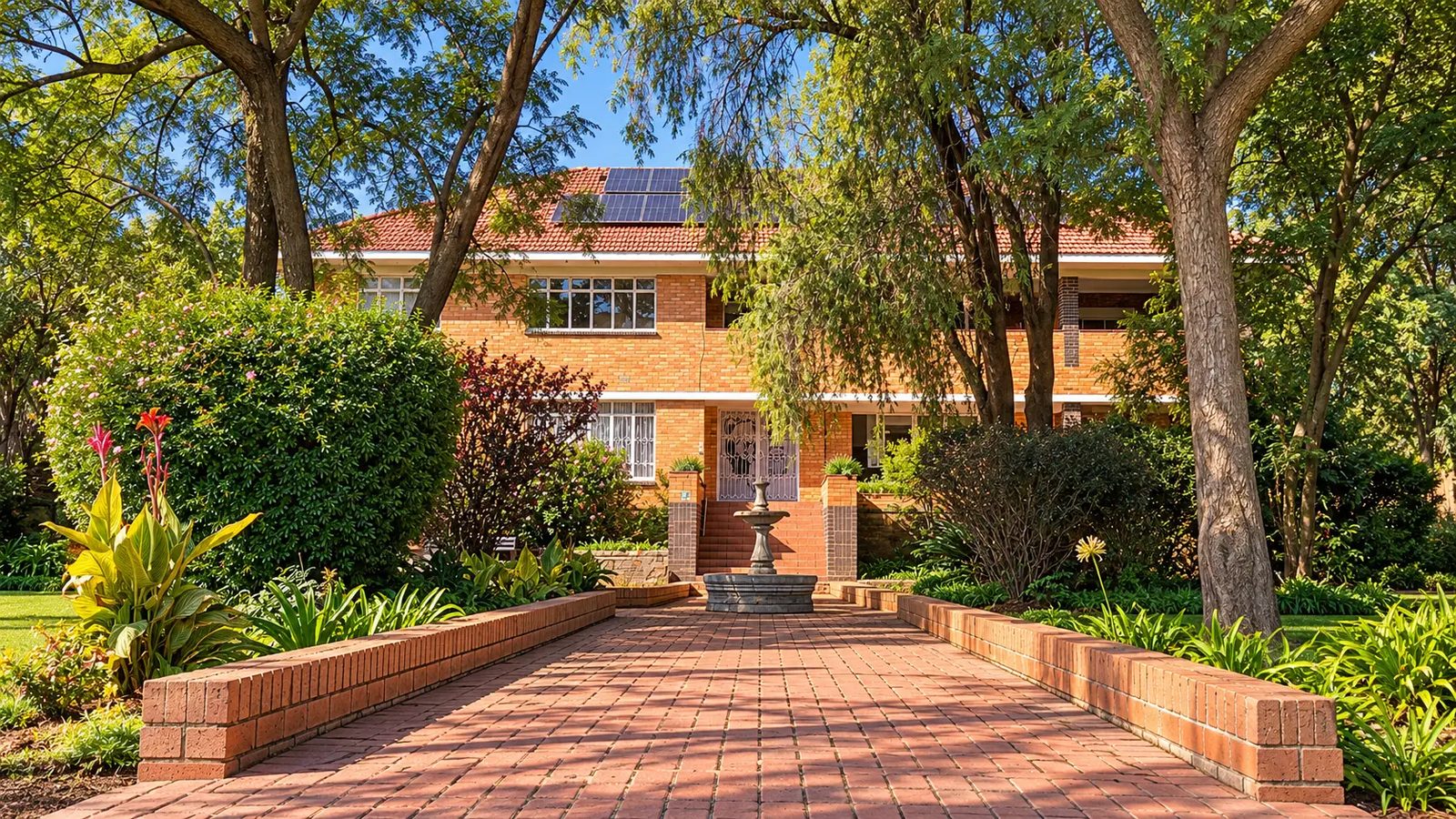 The BESA admin building behind trees and a brick path